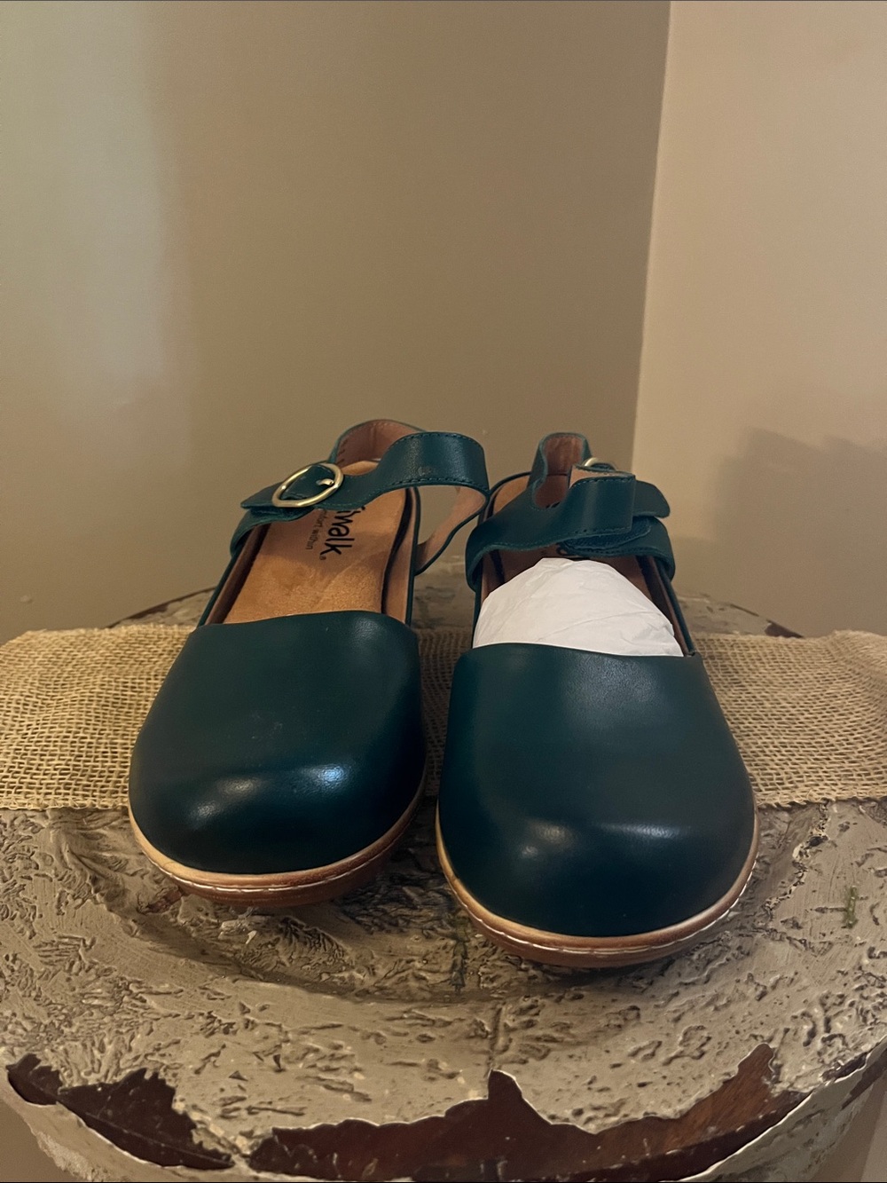 SoftWalk Dark Green Leather Mary Jane Clogs with Buckle